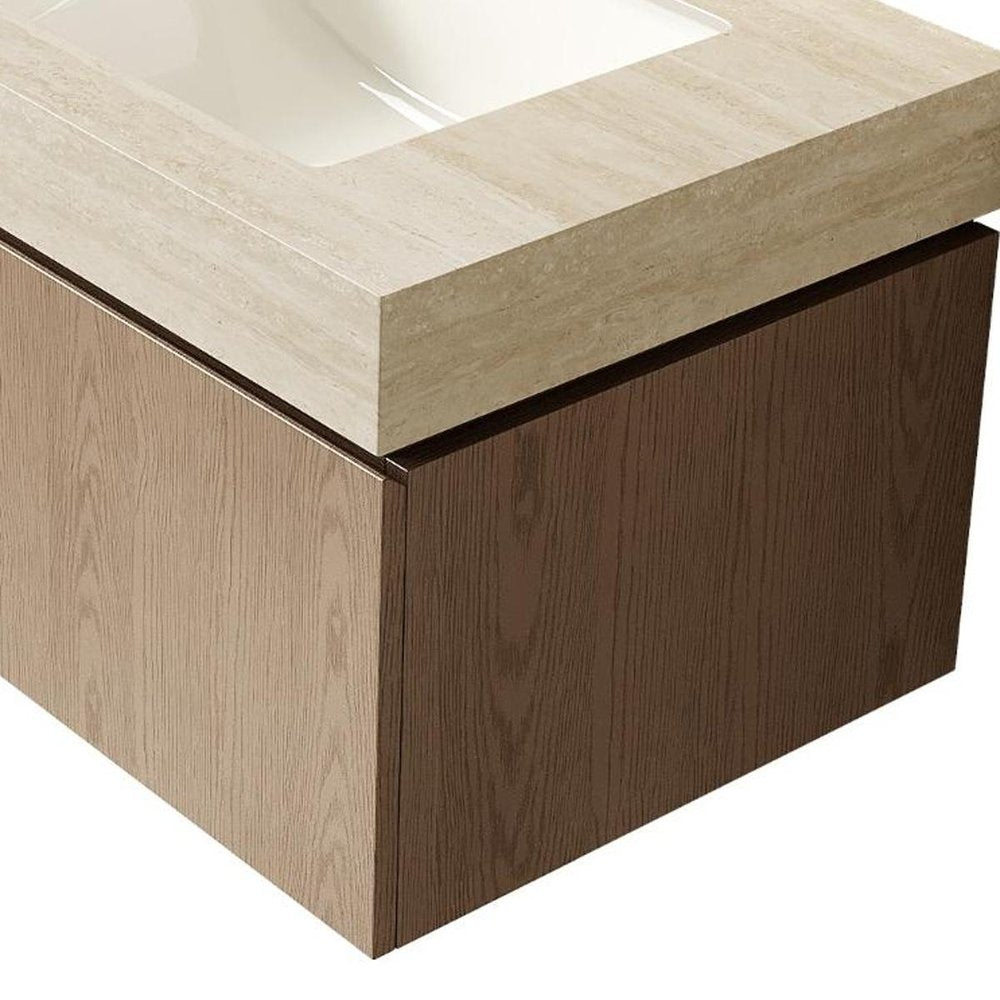 30" Brown Wood Floating Single Door Bathroom Vanity With White Sink