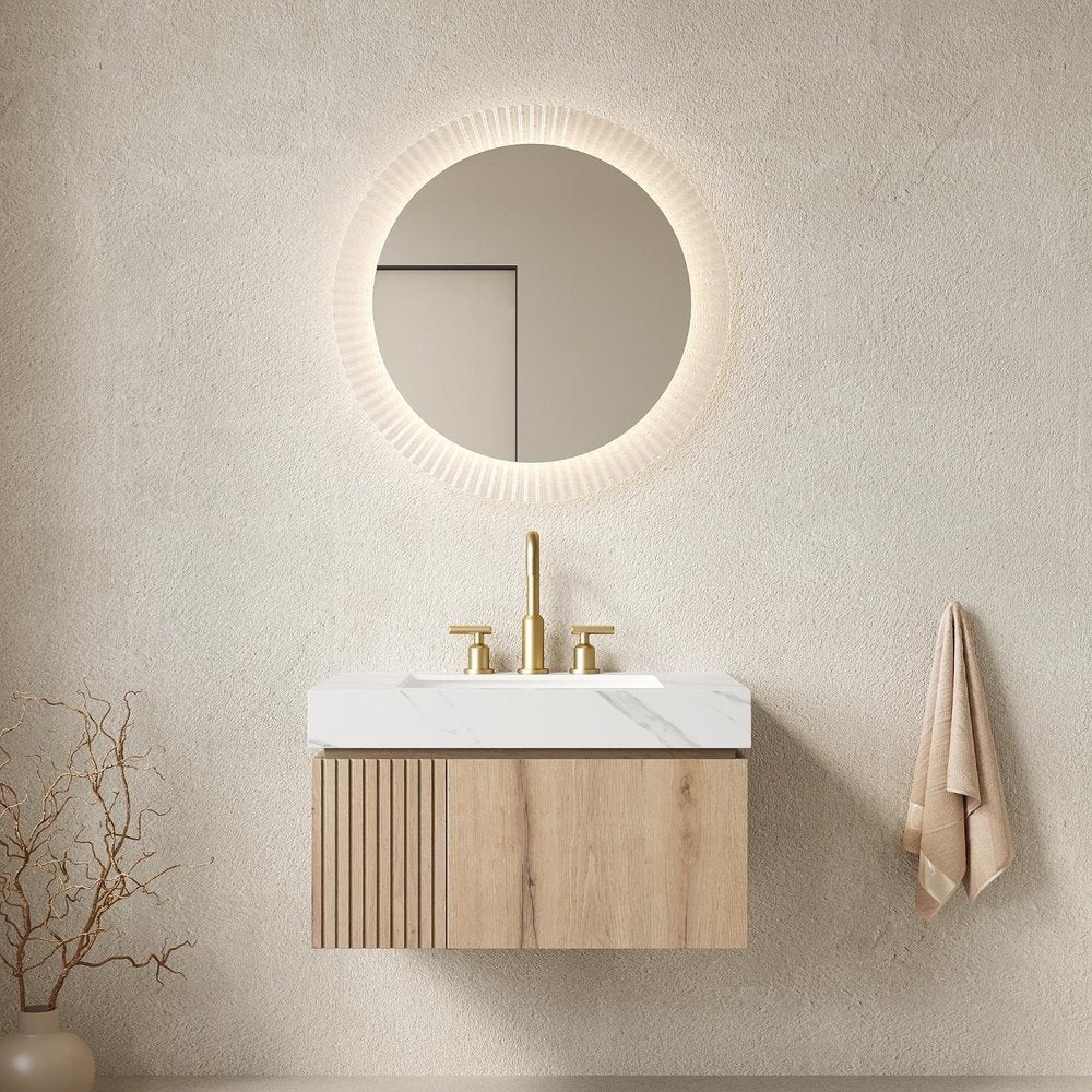 30" Brown Wood Floating Single Door Bathroom Vanity With White Sink
