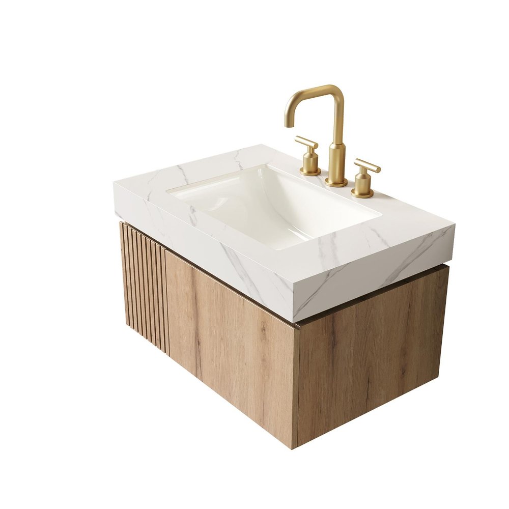 30" Brown Wood Floating Single Door Bathroom Vanity With White Sink