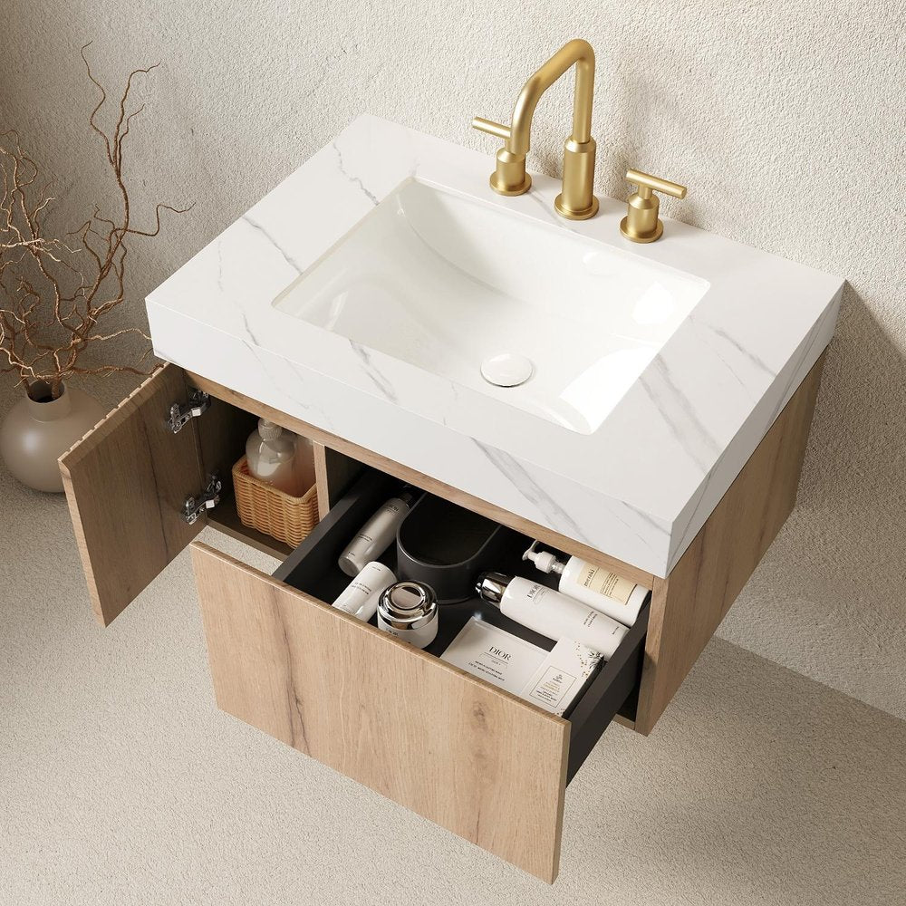 30" Brown Wood Floating Single Door Bathroom Vanity With White Sink