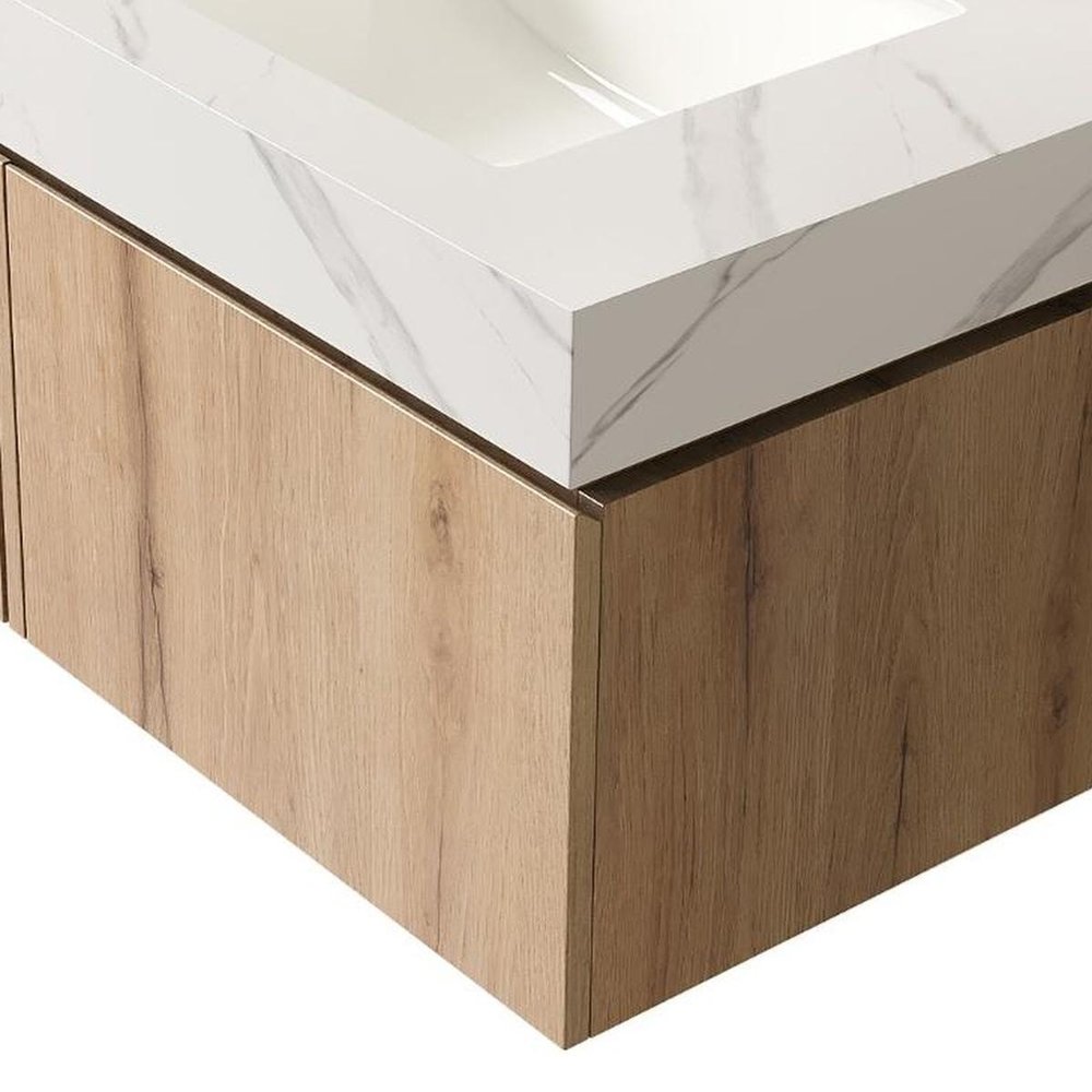 30" Brown Wood Floating Single Door Bathroom Vanity With White Sink