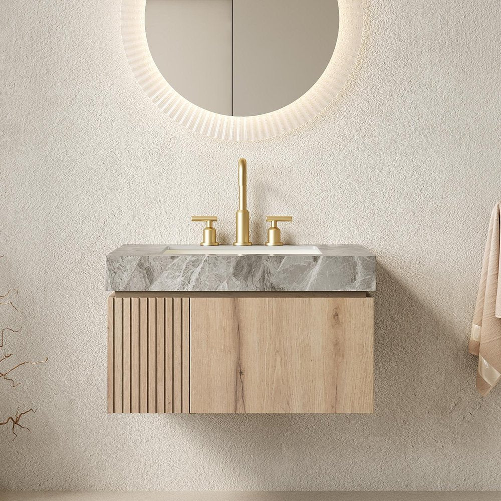 30" Brown Wood Floating Single Door Bathroom Vanity With White Sink
