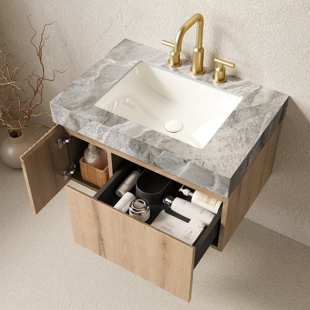 30" Brown Wood Floating Single Door Bathroom Vanity With White Sink