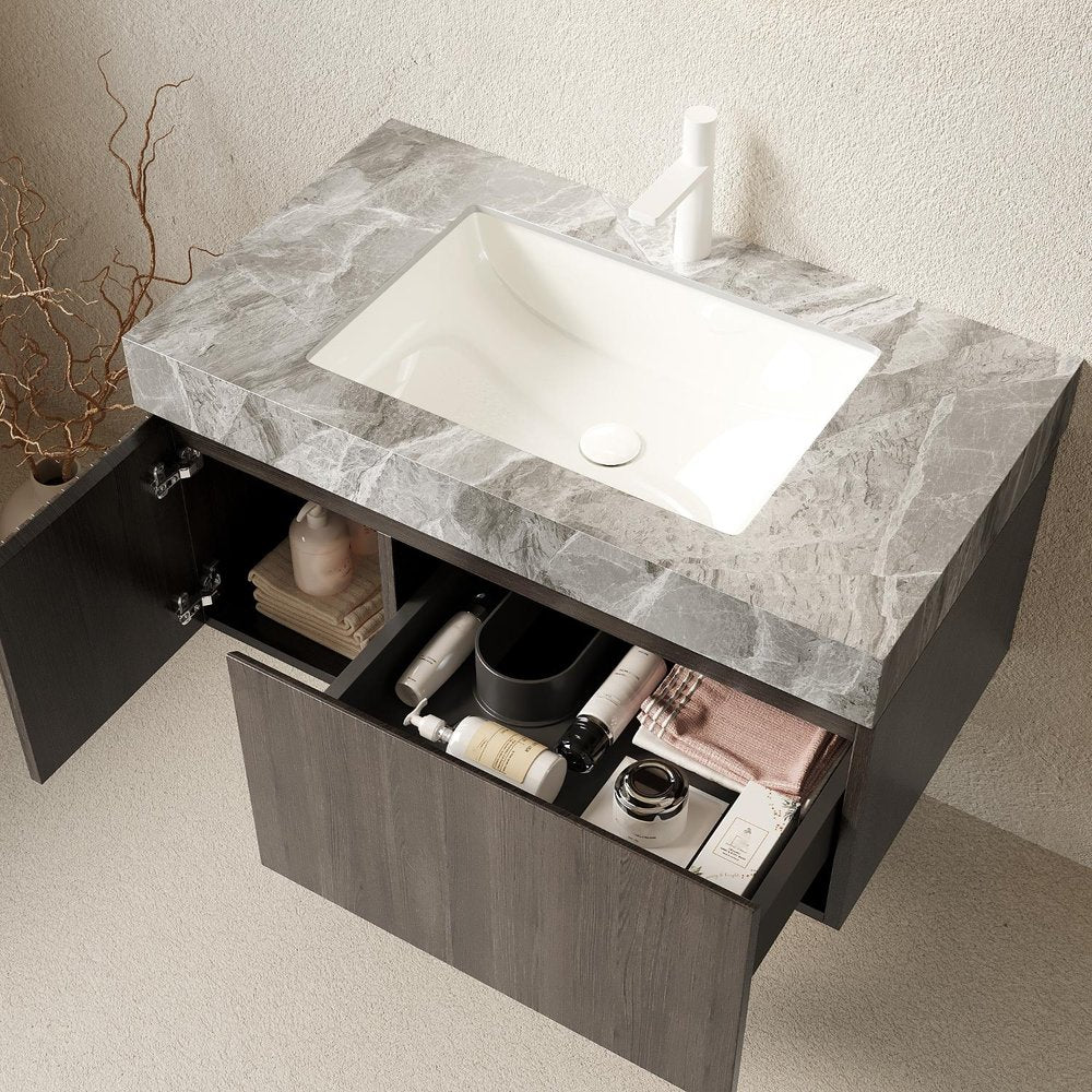 36" Brown Wood Floating Single Door Bathroom Vanity With White Sink