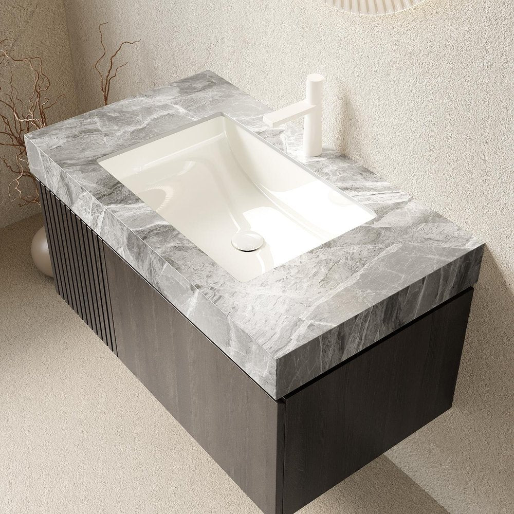 36" Brown Wood Floating Single Door Bathroom Vanity With White Sink