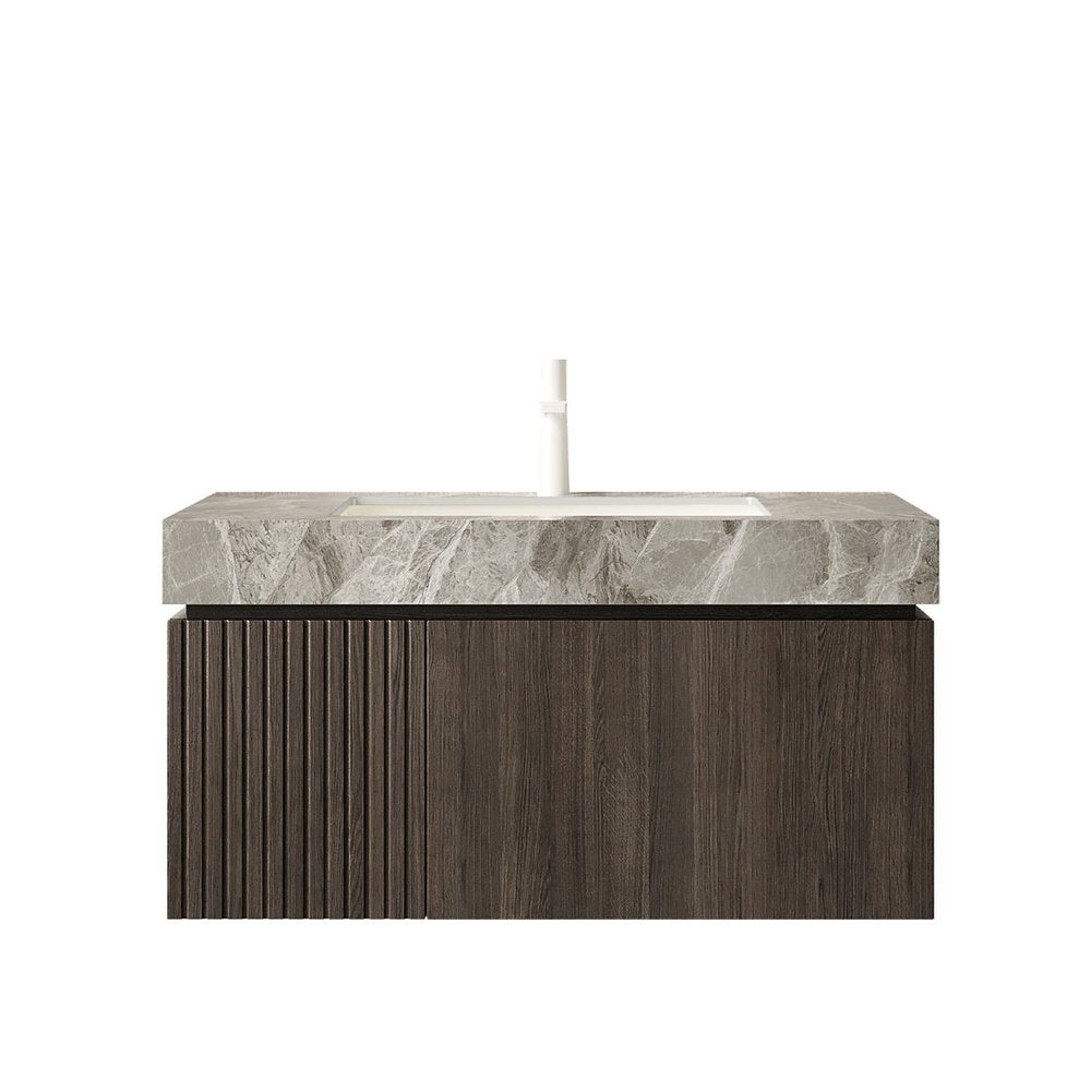 36" Brown Wood Floating Single Door Bathroom Vanity With White Sink