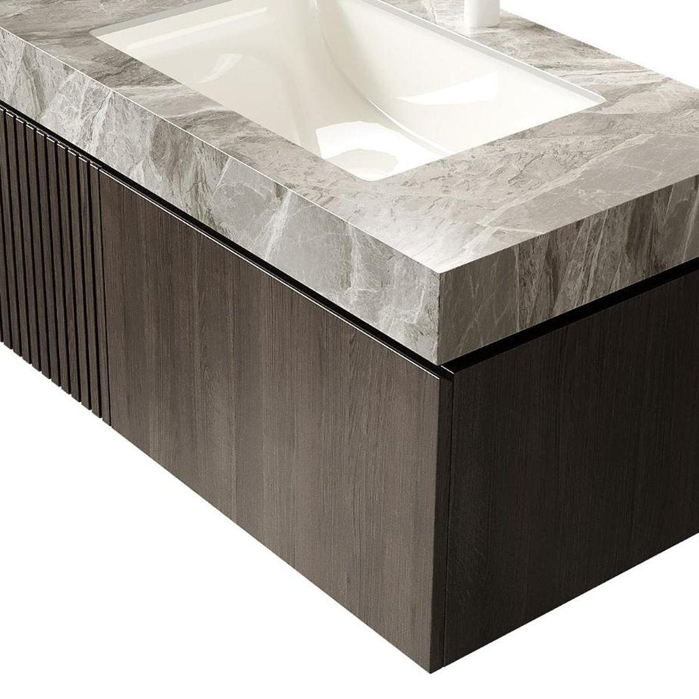36" Brown Wood Floating Single Door Bathroom Vanity With White Sink