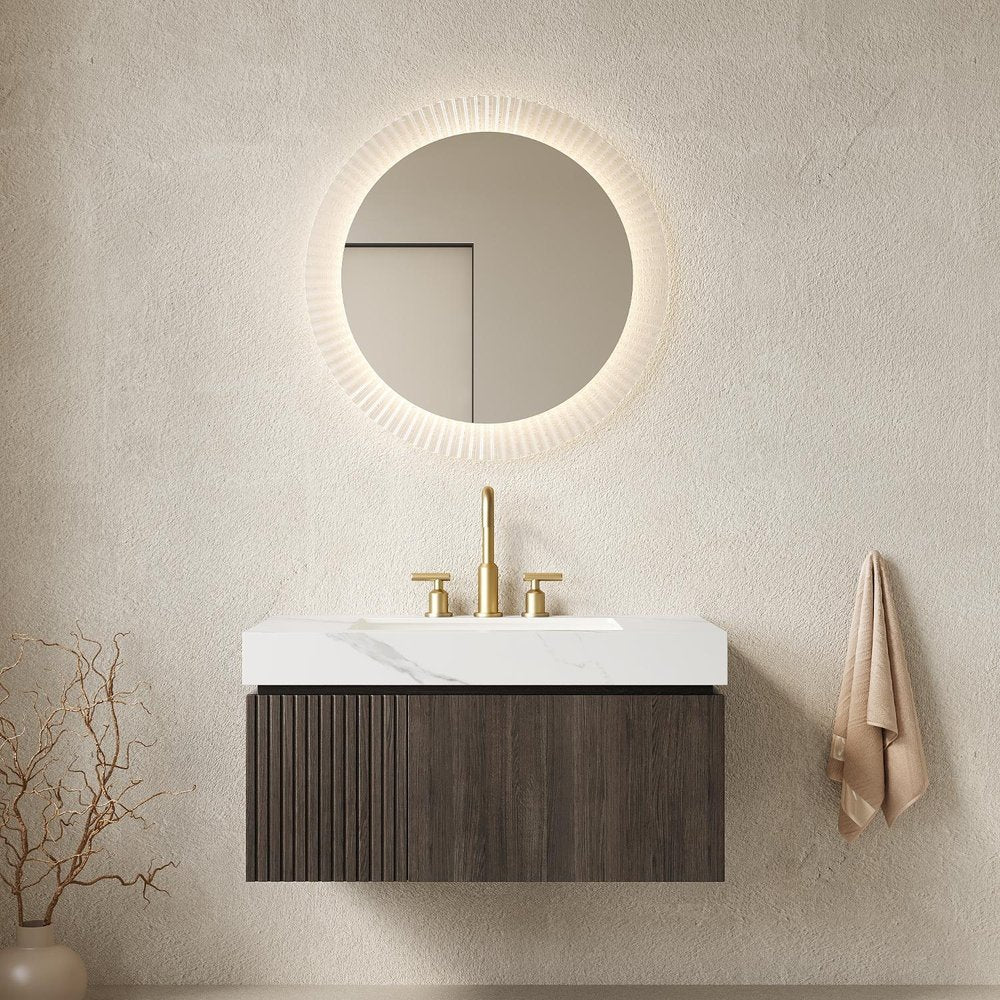 36" Black Wood Floating Single Door Bathroom Vanity With White Sink