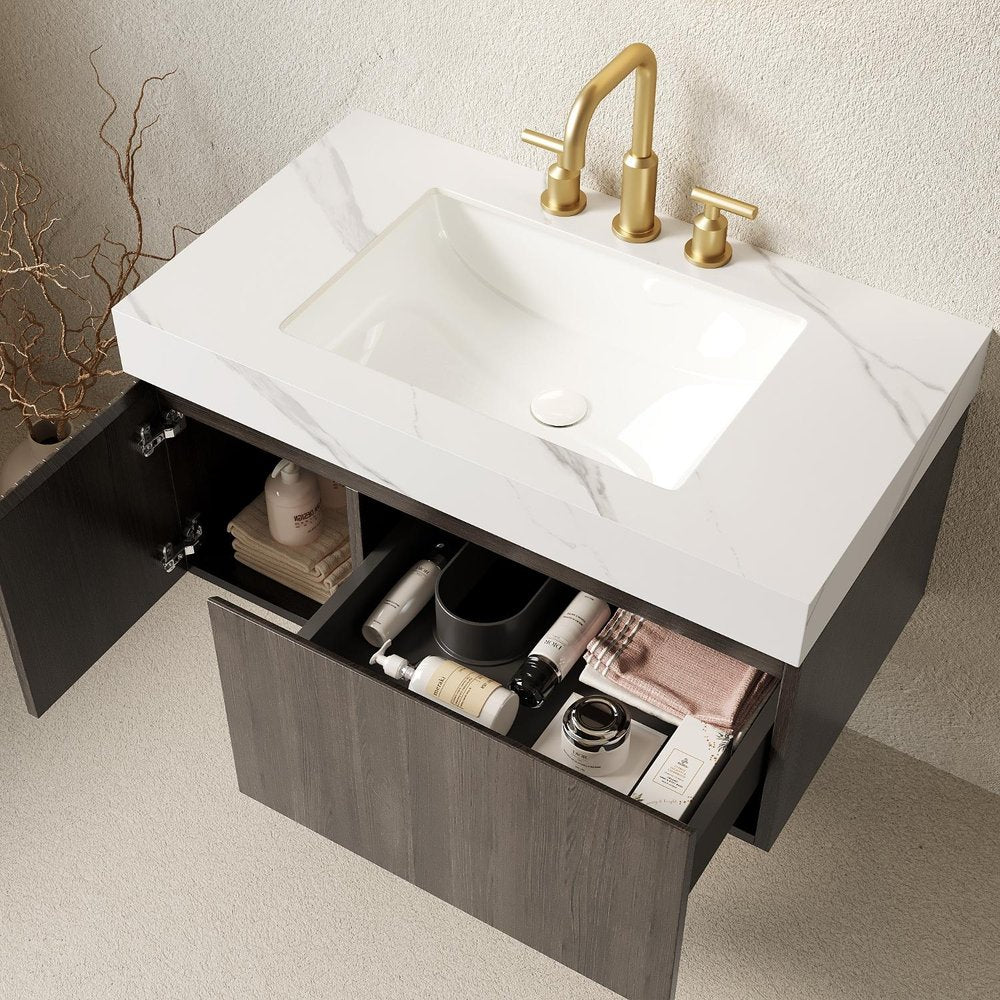 36" Black Wood Floating Single Door Bathroom Vanity With White Sink