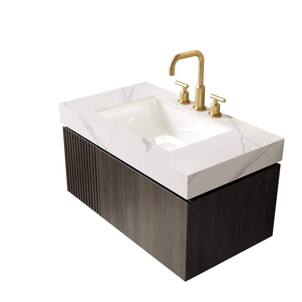 36" Black Wood Floating Single Door Bathroom Vanity With White Sink