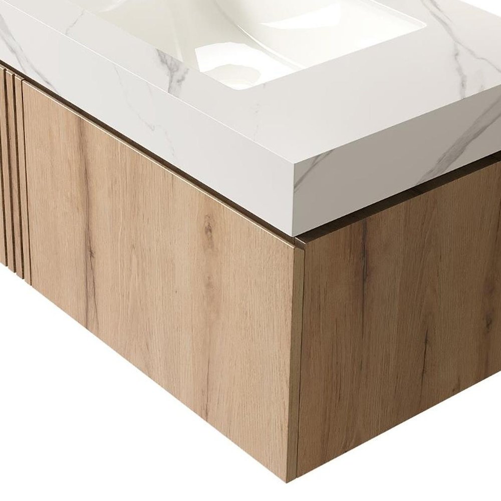 36" Brown Wood Floating Single Door Bathroom Vanity With White Sink