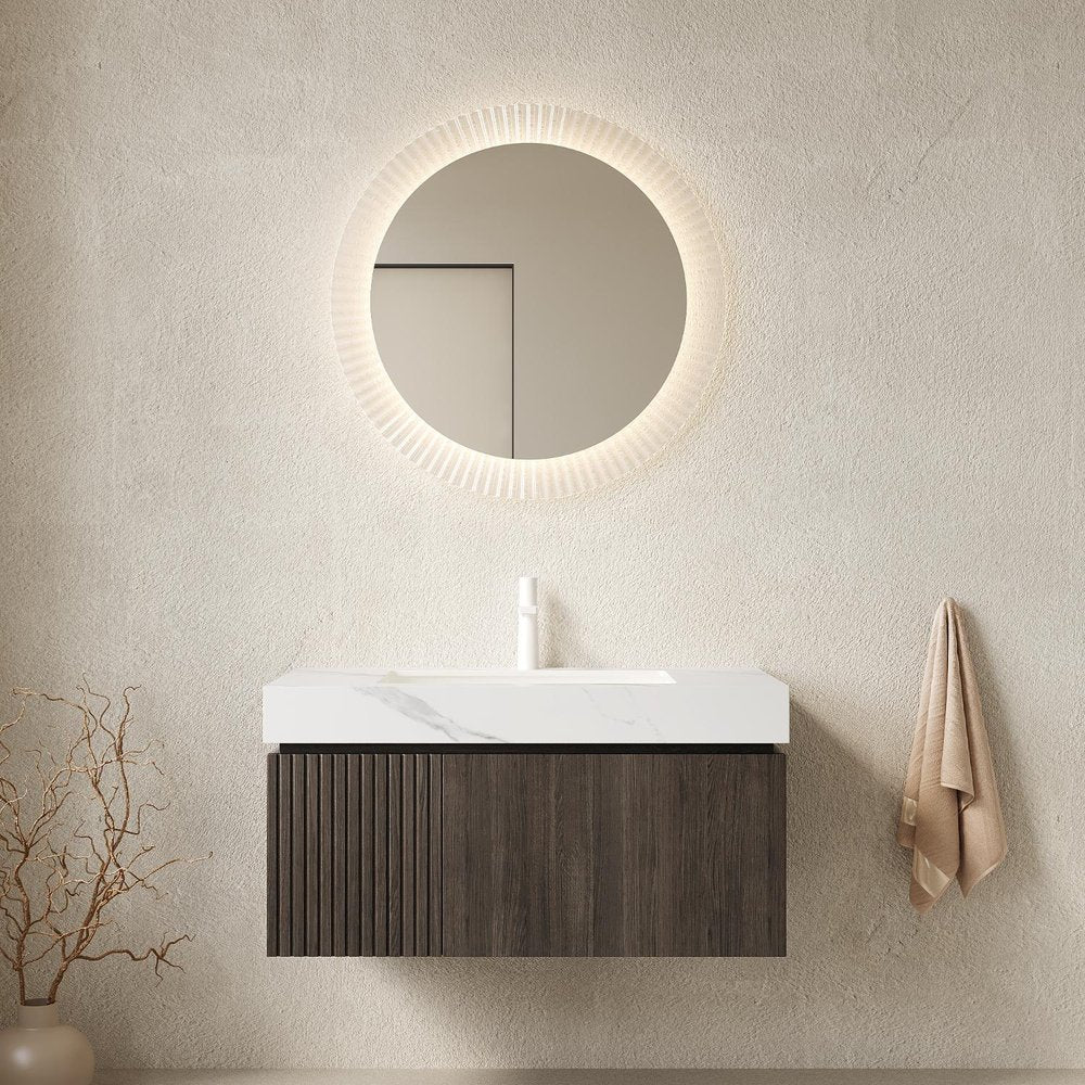 36" Brown Wood Floating Single Door Bathroom Vanity With White Sink