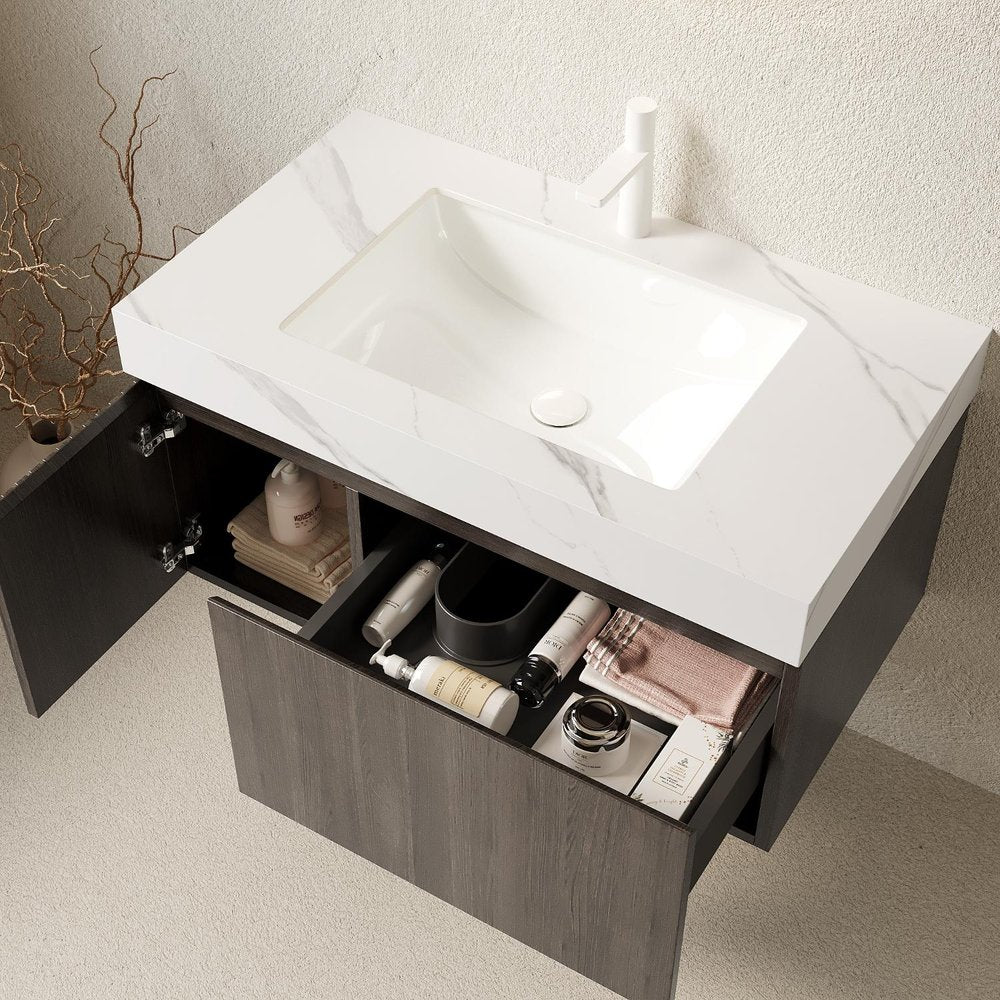 36" Brown Wood Floating Single Door Bathroom Vanity With White Sink