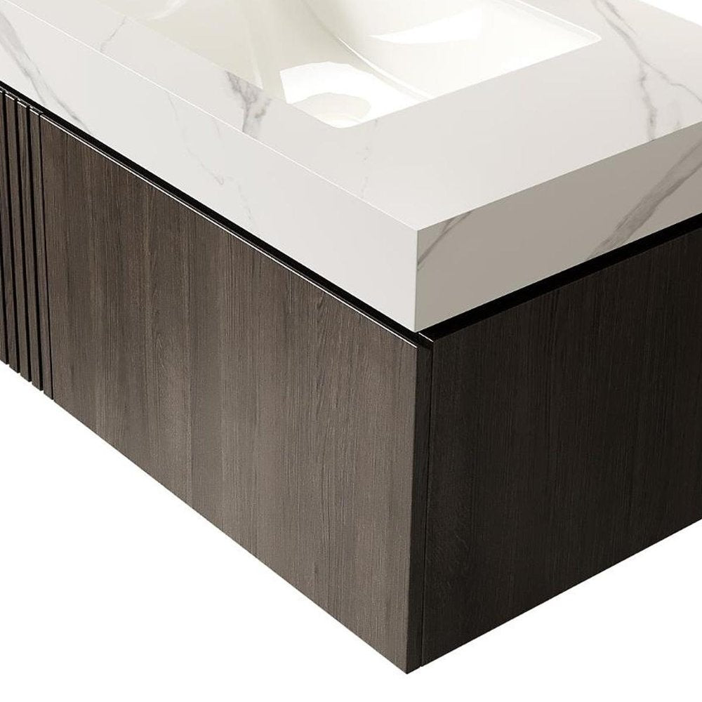 36" Brown Wood Floating Single Door Bathroom Vanity With White Sink