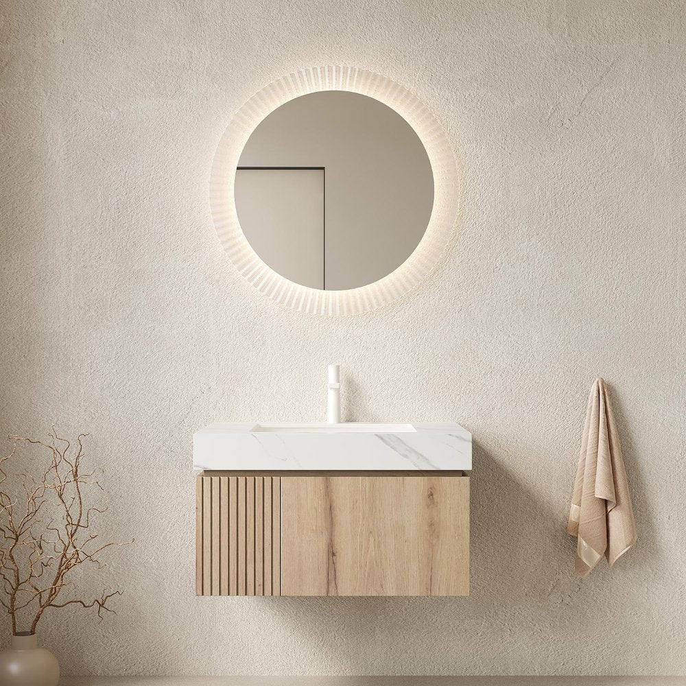 30" Brown Wood Floating Single Door Bathroom Vanity With White Sink