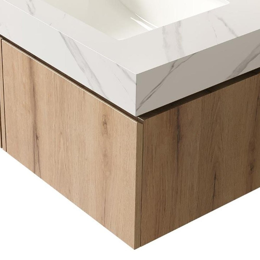 30" Brown Wood Floating Single Door Bathroom Vanity With White Sink