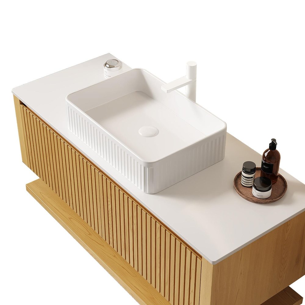48" Brown Wood Floating Bathroom Vanity With White Sink And Two Drawers