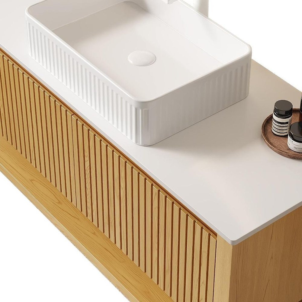 48" Brown Wood Floating Bathroom Vanity With White Sink And Two Drawers