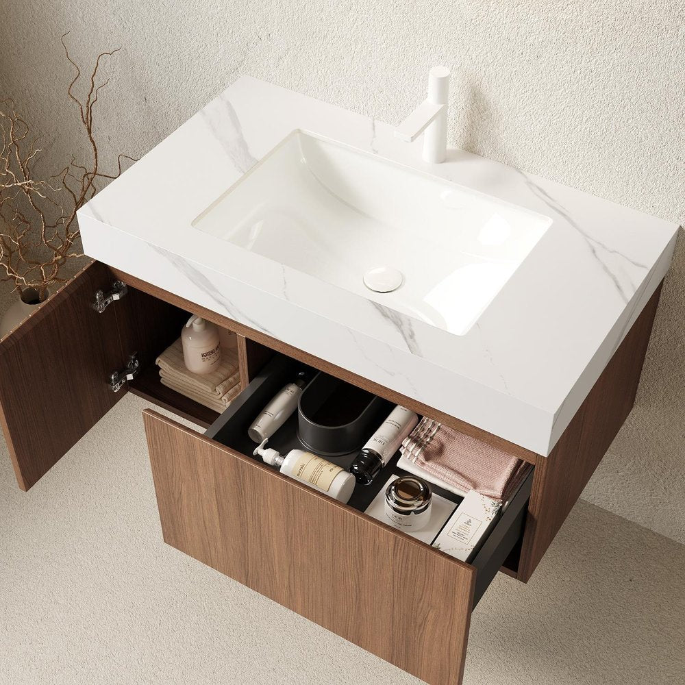 36" Brown Wood Floating Single Door Bathroom Vanity With White Sink