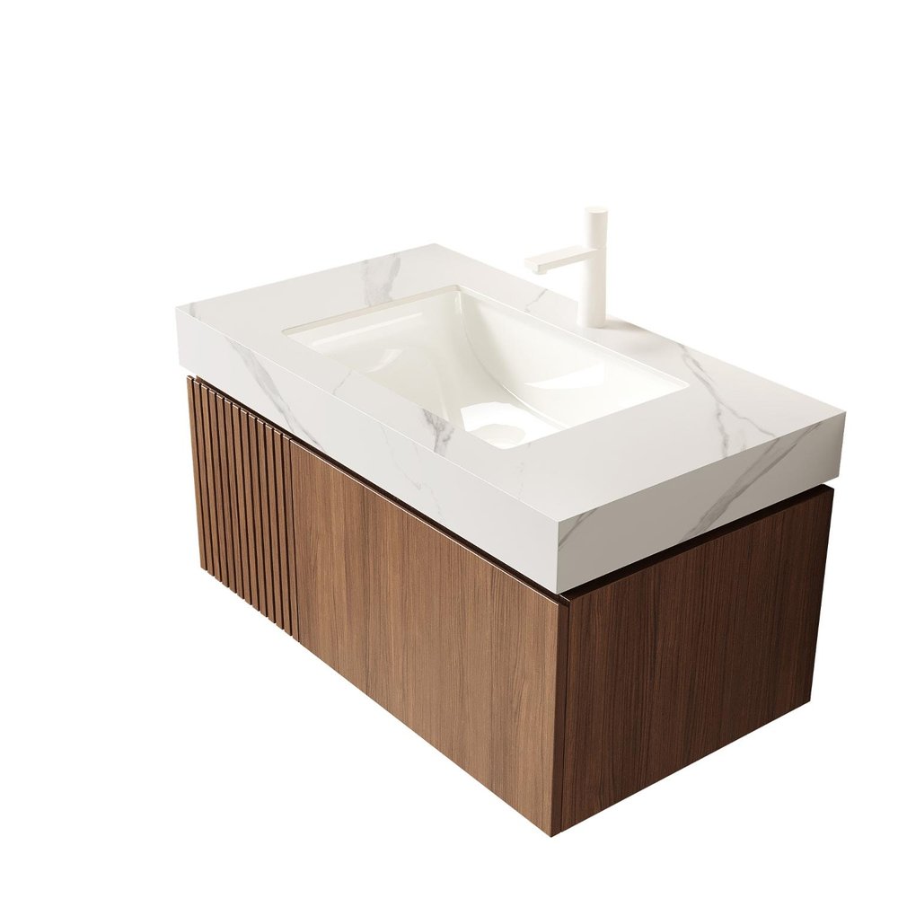 36" Brown Wood Floating Single Door Bathroom Vanity With White Sink