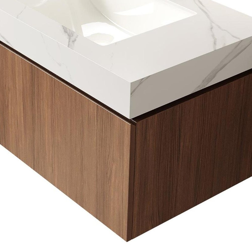 36" Brown Wood Floating Single Door Bathroom Vanity With White Sink