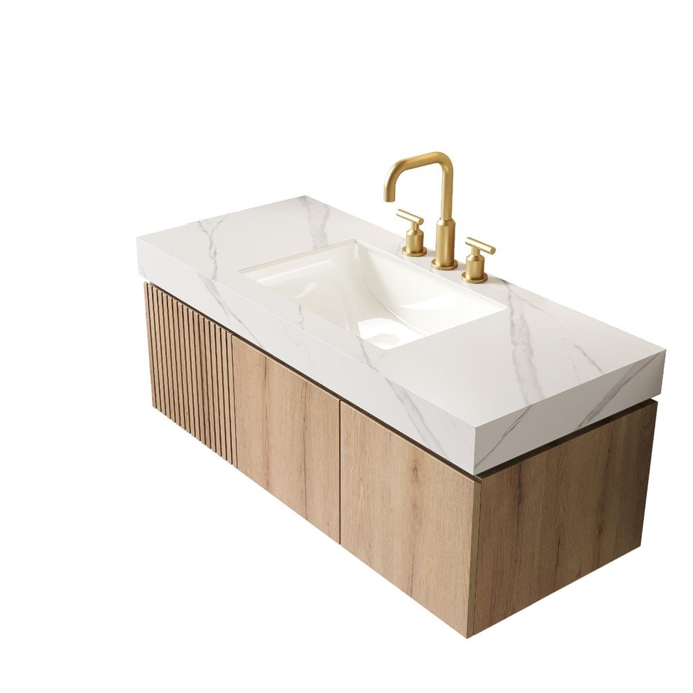 48" Brown Wood Floating Single Door Bathroom Vanity With White Sink