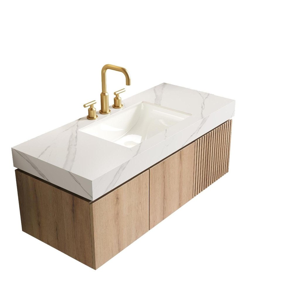 48" Brown Wood Floating Single Door Bathroom Vanity With White Sink