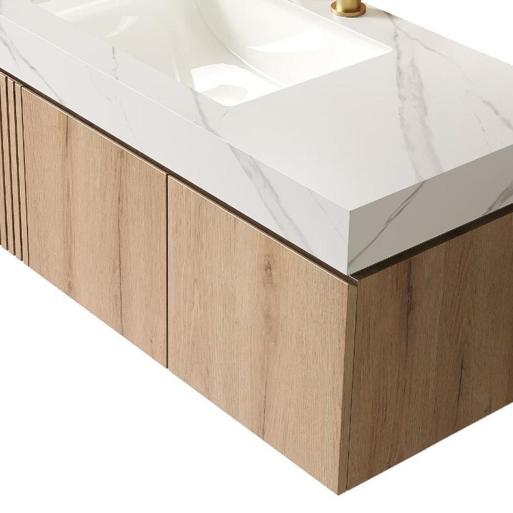 48" Brown Wood Floating Single Door Bathroom Vanity With White Sink