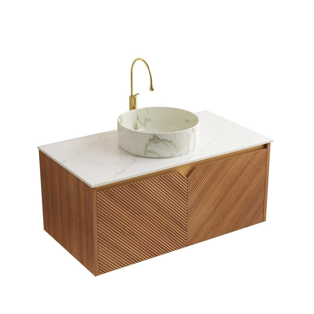 36" Brown Wood Floating Bathroom Vanity With White Sink And Two Drawers