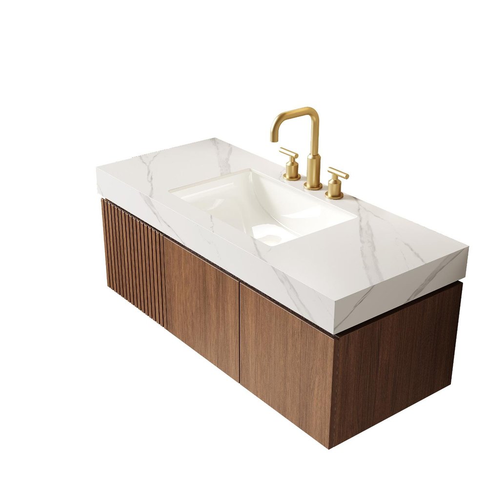 48" Brown Wood Floating Double Door Bathroom Vanity With White Sink