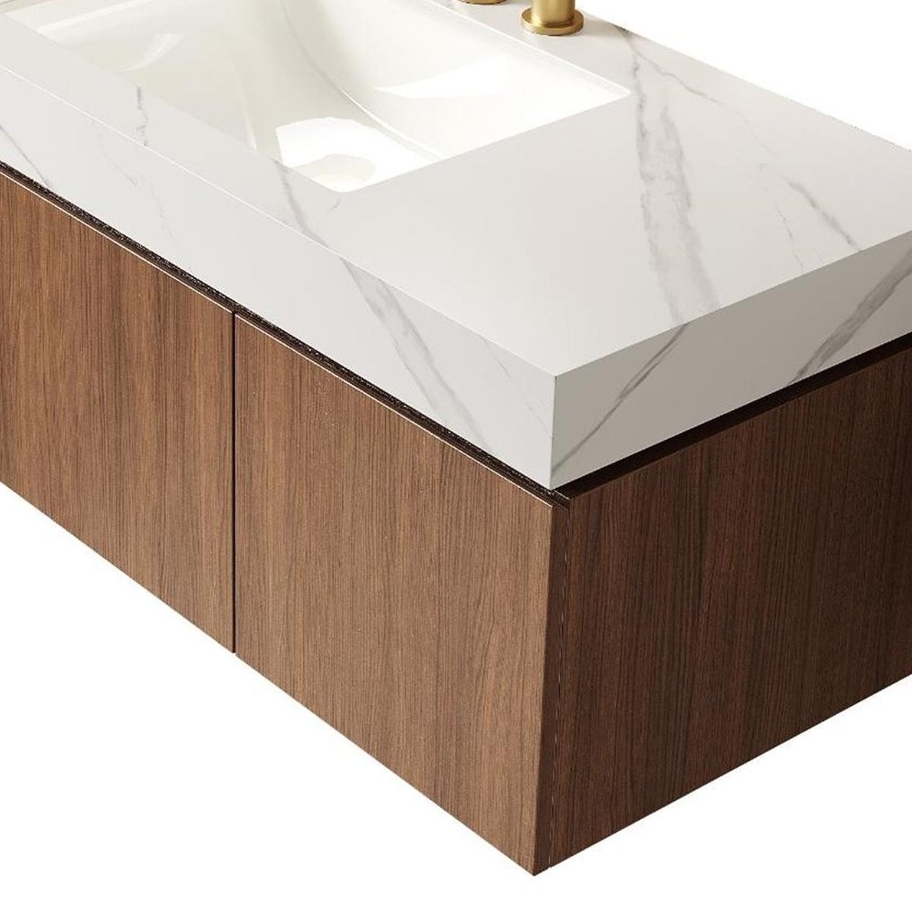 48" Brown Wood Floating Double Door Bathroom Vanity With White Sink