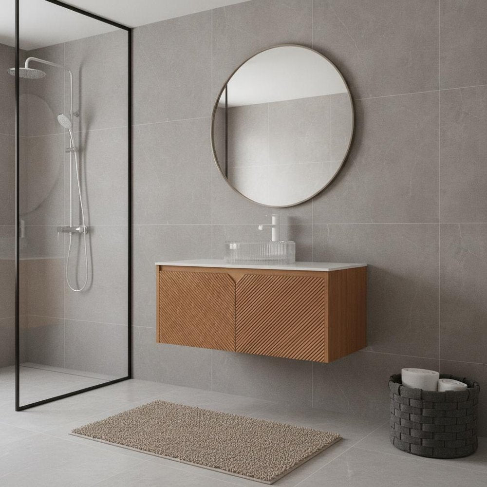 36" Brown Wood Floating Double Door Bathroom Vanity With White Sink