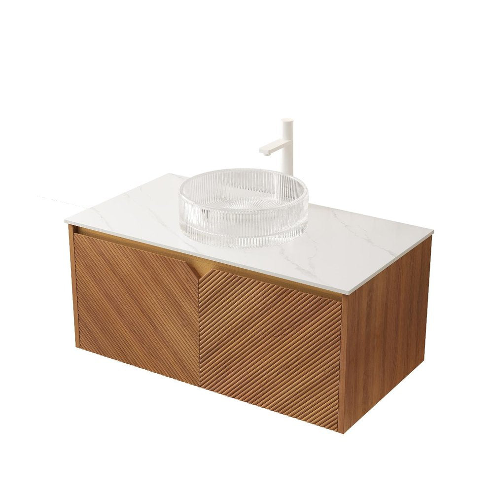 36" Brown Wood Floating Double Door Bathroom Vanity With White Sink