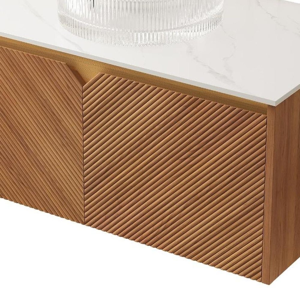 36" Brown Wood Floating Double Door Bathroom Vanity With White Sink