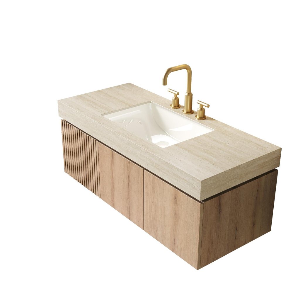 48" Brown Wood Floating Double Door Bathroom Vanity With White Sink