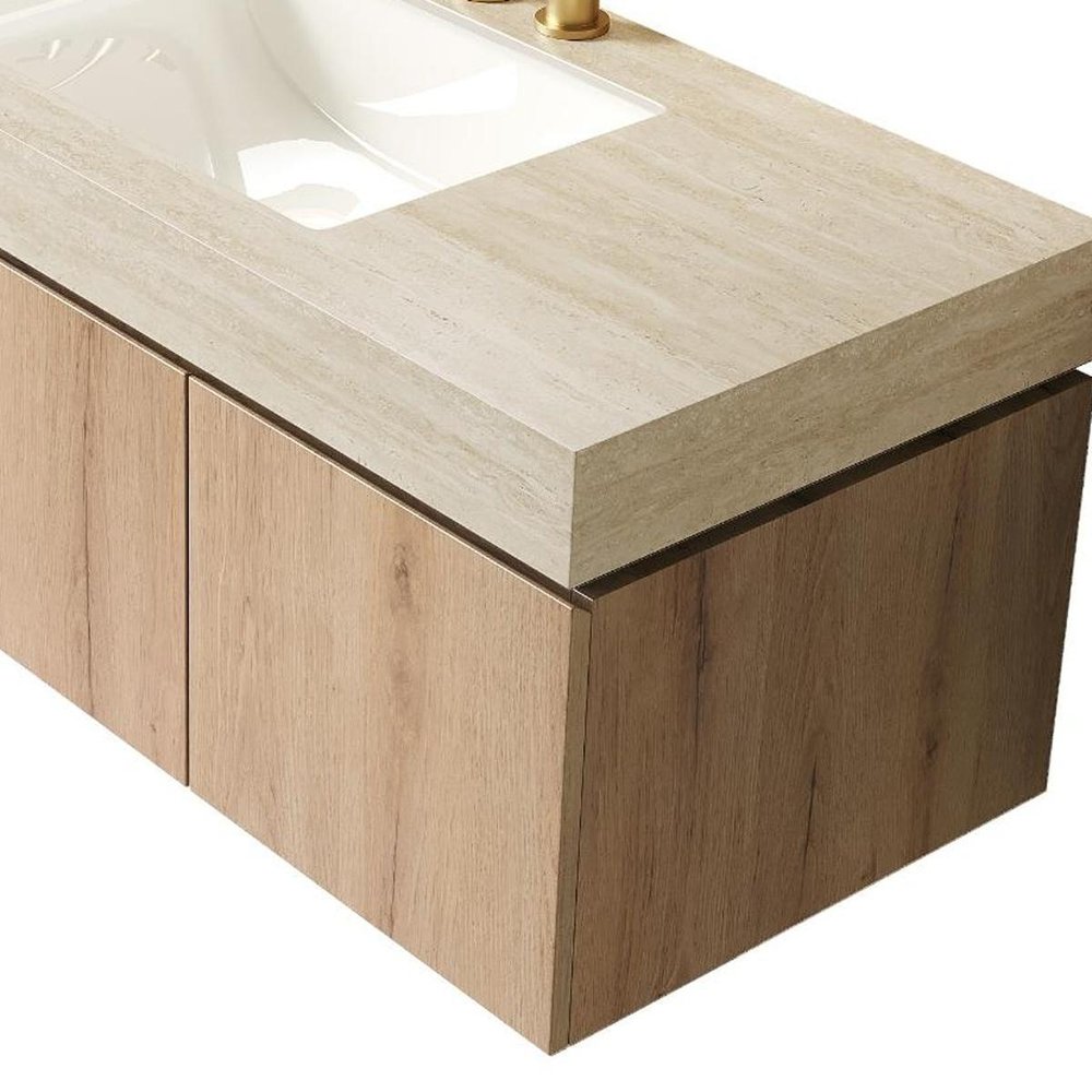 48" Brown Wood Floating Double Door Bathroom Vanity With White Sink