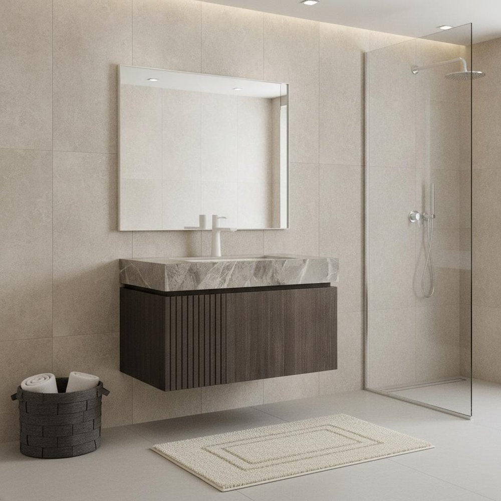 30" Black Wood Floating Single Door Bathroom Vanity With White Sink