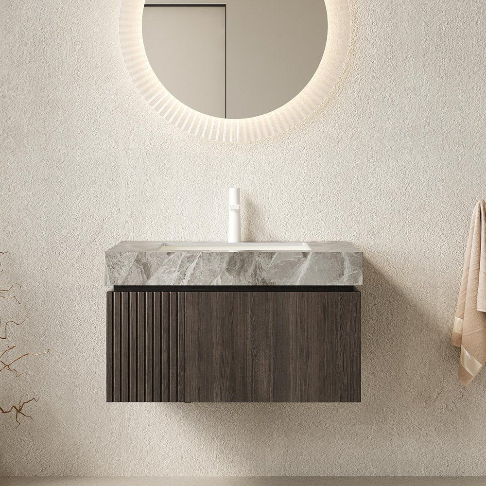 30" Black Wood Floating Single Door Bathroom Vanity With White Sink