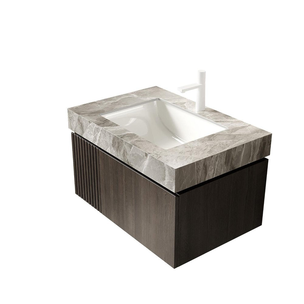 30" Black Wood Floating Single Door Bathroom Vanity With White Sink