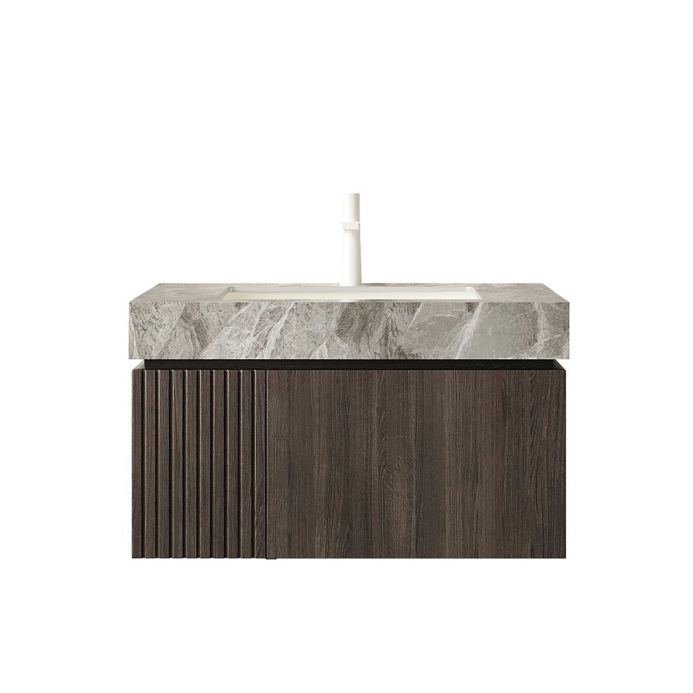 30" Black Wood Floating Single Door Bathroom Vanity With White Sink