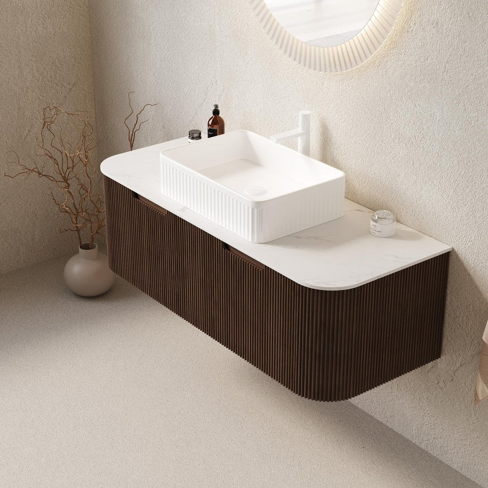 48" Brown Wood Floating Bathroom Vanity With White Sink And Two Drawers