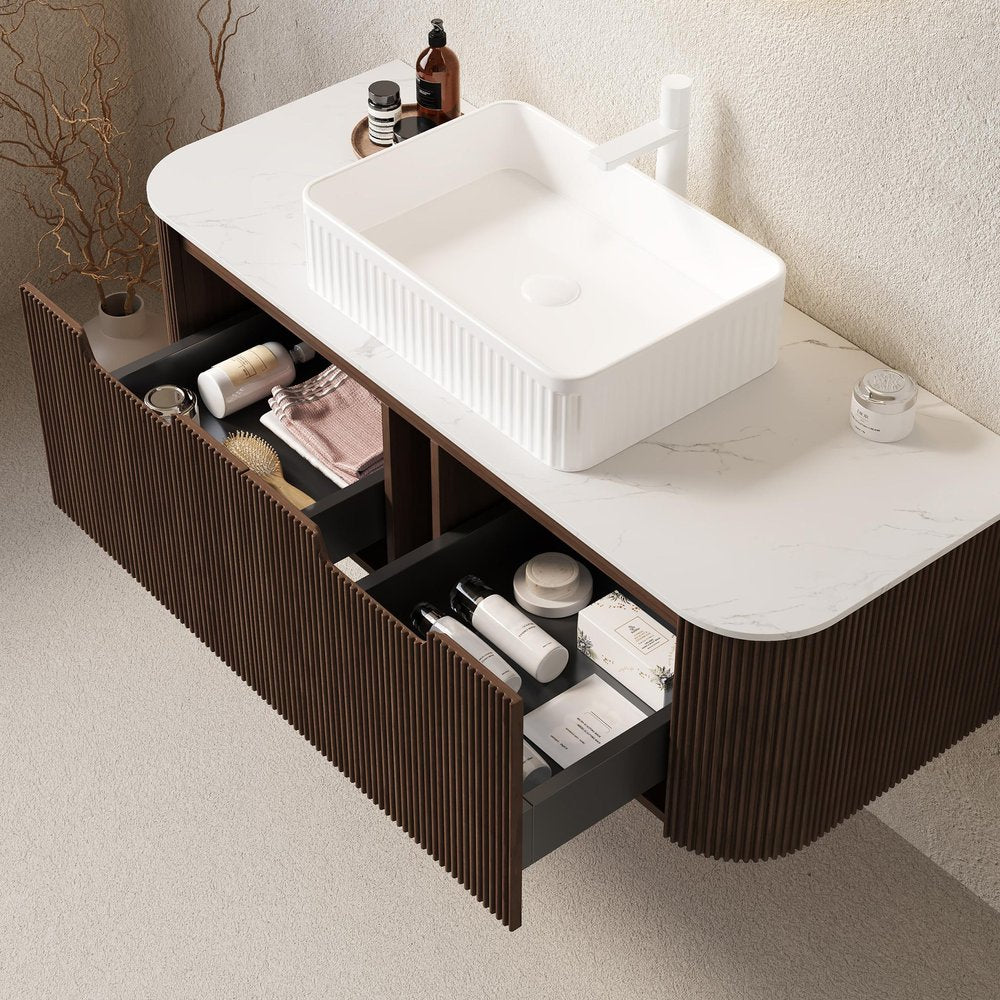 48" Brown Wood Floating Bathroom Vanity With White Sink And Two Drawers