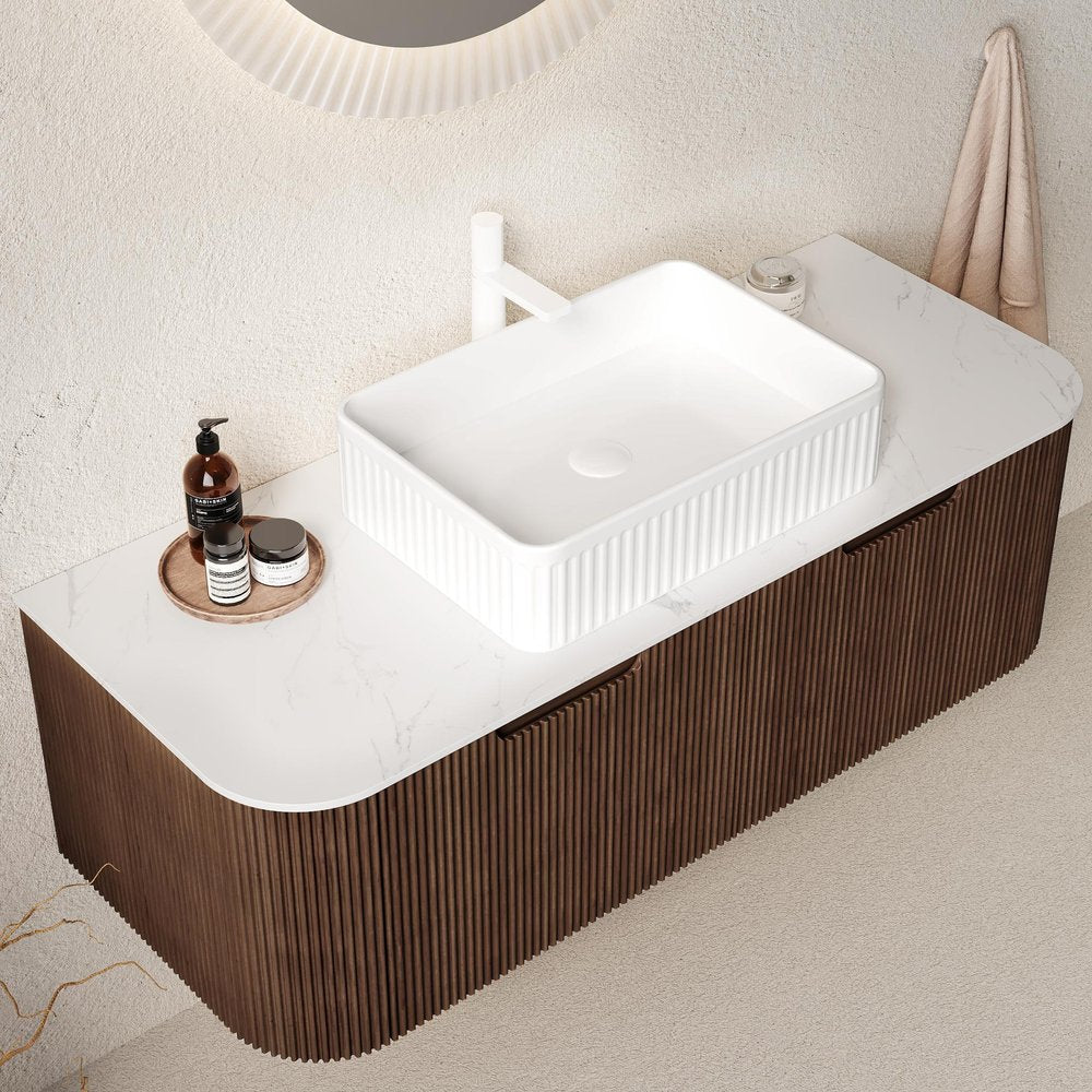 48" Brown Wood Floating Bathroom Vanity With White Sink And Two Drawers