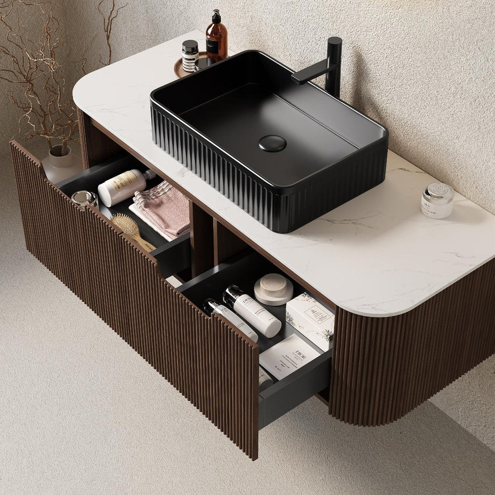 48" Brown Wood Floating Bathroom Vanity With Black Sink And Two Drawers