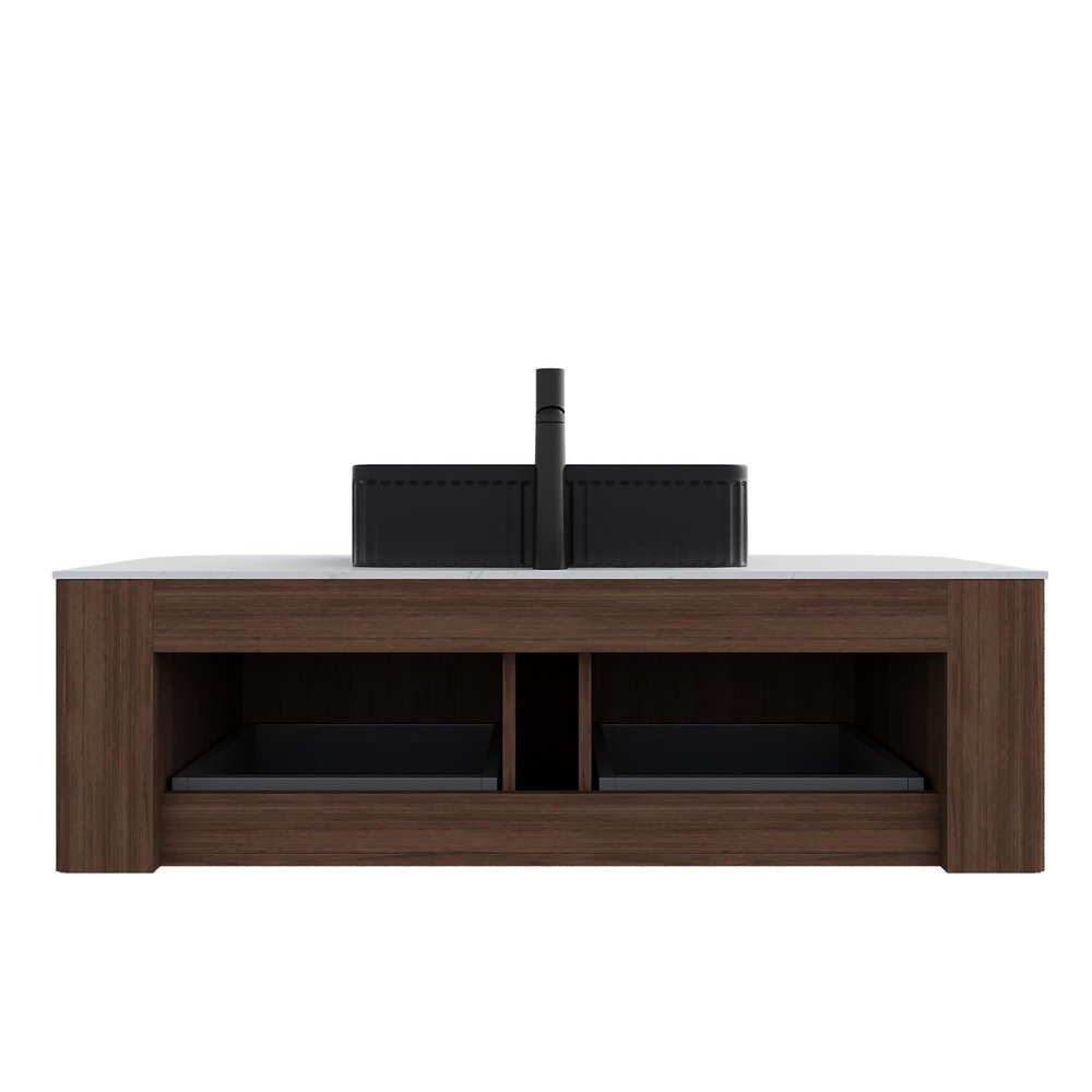 48" Brown Wood Floating Bathroom Vanity With Black Sink And Two Drawers