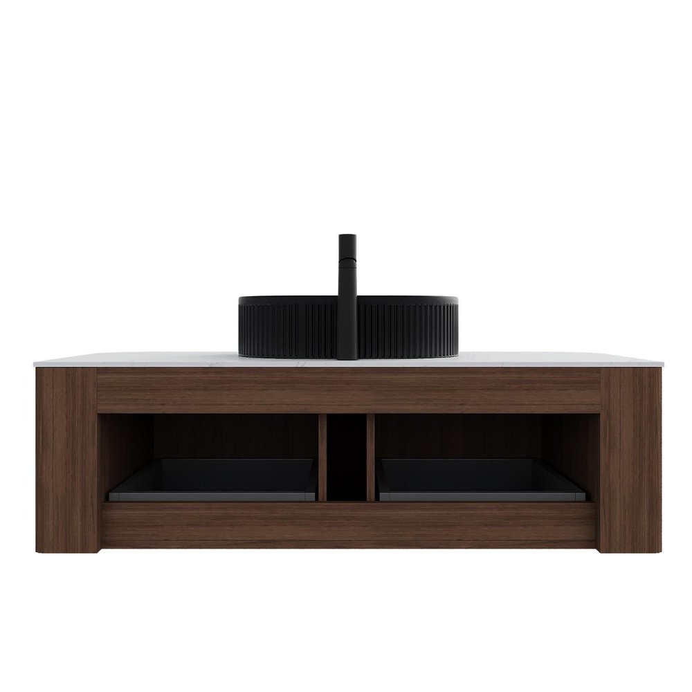 48" Brown Wood Floating Bathroom Vanity With Black Sink And Two Drawers