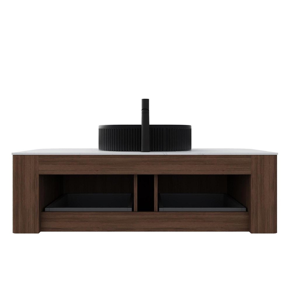 48" Brown Wood Floating Bathroom Vanity With Black Sink And Two Drawers