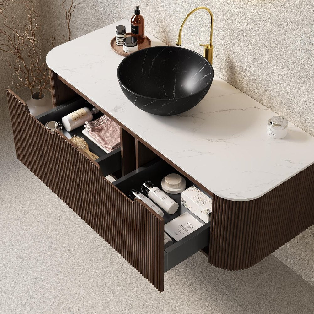 48" Brown Wood Floating Bathroom Vanity With Black Sink And Two Drawers