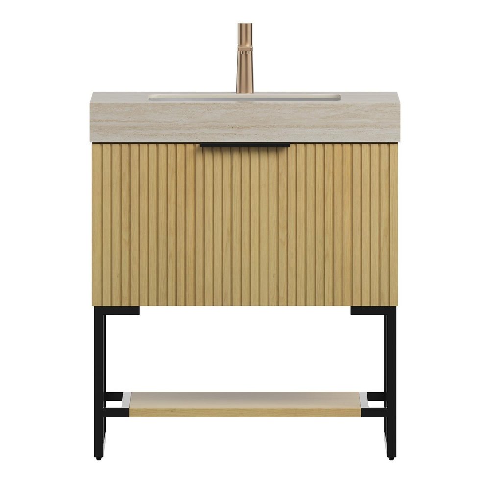30" Gold Wood Freestanding Bathroom Vanity With White Sink