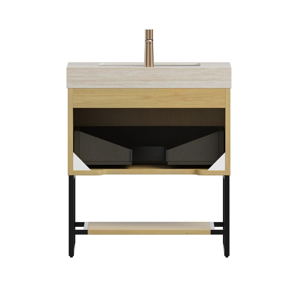 30" Gold Wood Freestanding Bathroom Vanity With White Sink